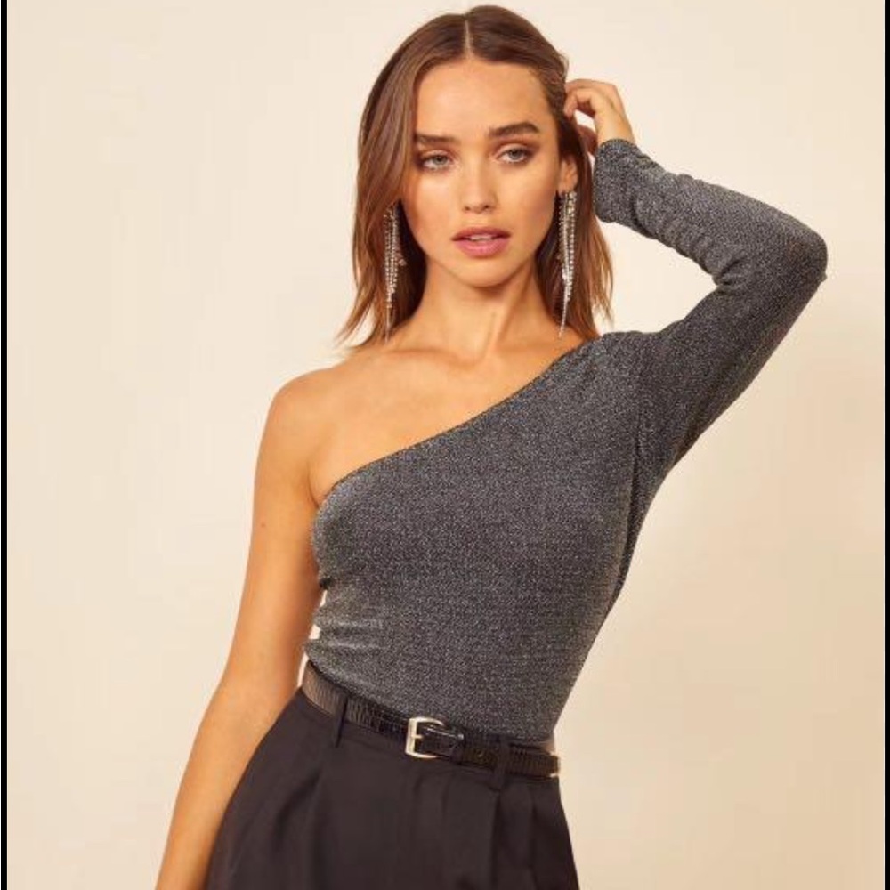 Reformation Sterling One Shoulder Long Sleeved Top metallic sparkle L